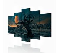 decomonkey | Canvas Print Moon Mountains Night Tree | 59.1" x 29.5" / 150x75 cm | Wall Art | Wall Picture | Non-Woven Canvas | Photo 5 pieces | Landscape Decoration Print Decor | Living Room | Orange