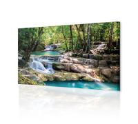 decomonkey | Canvas Print Waterfall Landscape | 47.2" x 15.7" / 120x40 cm | Wall Art | Wall Picture | Non-Woven Canvas | Lake Forest Modern Decoration Photo Print Decor | Living Room | Green Blue