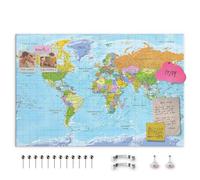 decomonkey Canvas World Map Pin Board Planisphere English 120x80 cm | Fibreboard, with 50 pins, 47.2 x 31.5 in, Push pin travel blue map, Wall art, Traveler's bedroom office living room