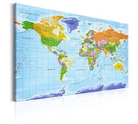 decomonkey Canvas World Map Pin Board with 50 pins - 35.4" x 23.6" / 90x60 cm Fibreboard Planisphere Push pin Travel Blue map Wall Art - German Lettering - Traveler's Home Bedroom Office Living Room