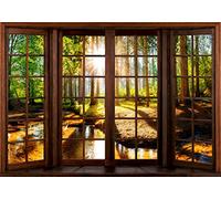 decomonkey Photo Wallpaper Forest 300 x 210 cm - Landscape Nature Trees Sun Wall Mural Non-Woven Murals Wall Art Modern Design Print Home Decoration Lake Window View Bedroom Living Room Green