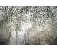 decomonkey Photo Wallpaper Plants 350x256 cm - Leaves Abstract Vintage Retro Stone Beton Wall Mural Non-Woven Murals Wall Art Modern Design Art Print Home Decoration Artdeco Grey Green