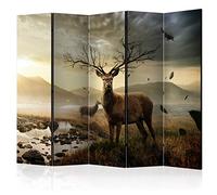 decomonkey Screen room divider interior Deer 225x172 cm 5 Piece Double Sided Room Divider Wall Standing Partition Privacy Screen Spanish Wall Living Room Wood Animals Nature