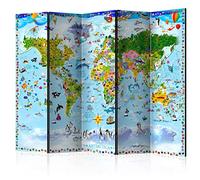 decomonkey Screen room divider interior World map 225x172 cm 5 Piece Double Sided Room Divider Wall Standing Partition Privacy Screen Spanish Wall Living Room Wood Animals World