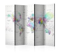 decomonkey Screen room divider interior World map 225x172 cm 5 Piece Double Sided Room Divider Wall Standing Partition Privacy Screen Spanish Wall Living Room Wood Colourful Continent