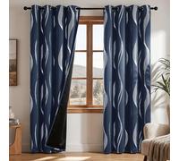Deconovo 100% Blackout Curtains Silver Wave Line Foil Printed Thermal Insulated Eyelet Curtains for Bedroom Navy Blue W66 x L72 2 Panels