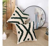 Deconovo 2 Pack Cotton Cushion Covers Throw Pillowcases for Sofa Livingroom Bed with Luxury Embroidered Cross Pattern with Invisible Zipper 45x45 cm 18 x 18 Inch Dark Green