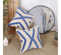 Deconovo 2 Pack Throw Pillowcases Cotton Cushion Covers for Sofa Livingroom Chairs with Embroidered Flufly Cross Pattern with Invisible Zipper 45x45 cm 18 x 18 Inch Blue