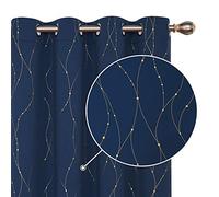 Deconovo 63 Inch Curtains, Gold Dotted Line Printed Blackout Curtains, Energy Saving Thermal Insulated Eyelet Curtains for Bedroom, 52 x 63 Inch(Width x Length), Navy Blue, 2 Panels