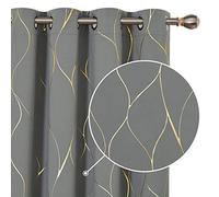 Deconovo Blackout Curtains, Ring Top Window Treatment Thermal Insulated Curtains, Gold Wave Foil Printed Curtains for Living Room, 52 x 63 Inch (Width x Length), Grey, One Pair