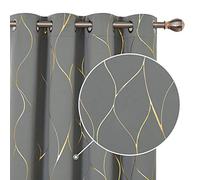 Deconovo Blackout Curtains, Ring Top Window Treatment Thermal Insulated Curtains, Gold Wave Foil Printed Curtains for Living Room, 52 x 90 Inch (Width x Length), Grey, One Pair