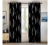 Deconovo Blackout Curtains Silver Wave Line Foil Printed Thermal Insulated Eyelet Curtains for Living Room 52 x 63 Inch Black