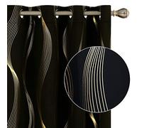 Deconovo Blackout Eyelet Curtains Thermal Insulated Gold Wave Line Foil Printed Curtains for Bedroom 66x90 Inch Black 2 Panels
