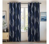 Deconovo Blue Curtains Silver Wave Line Foil Printed Blackout Curtains Thermal Insulated Eyelet Curtains for Kids Bedroom 52 x 63 Inch Navy Blue 2 Panels