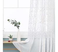 Deconovo Dedanlion Floral Embroidered Voile Curtains Eyelets Linen Look Sheer Curtains Home Decorative Net Curtains for Kitchen 55 x 90 Inch Linen One Pair