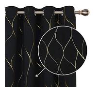 Deconovo Eyelet Blackout Curtains, Gold Wave Foil Printed Thermal Insulated Curtains for Living Room, 46 x 90 Inch (Width x Length), Black, One Pair