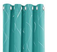Deconovo Eyelet Blackout Curtains, Silver Wave Line Foil Printed Thermal Insulated Curtains for Livingroom, 66 x 72 Inch(Width x Length), Turquoise, one pair