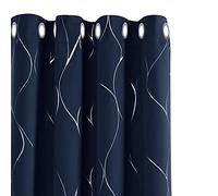 Deconovo Eyelet Blackout Curtains, Thermal Insulated Curtains, Silver Wave Line Foil Printed Curtains for Living Room, 66 x 72 Inch(Width x Length), Navy Blue, one pair