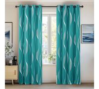 Deconovo Eyelet Curtains Silver Wave Line Foil Printed Blackout Curtains Thermal Insulated Eyelet Curtains for Living Room 52 x 63 Inch Turquoise 2 Panels