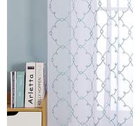 Deconovo Eyelet Faux Linen Net Curtains Embroidery Diamond Voile Curtains Super Soft Semi Sheer Curtains 55 x 70 Drop Inch Blue 1 Pair