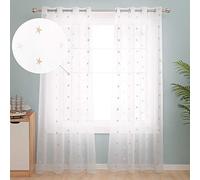 Deconovo Eyelet Faux Linen Net Curtains Embroidery Star Voile Curtains Super Soft Semi Sheer Curtains 55 x 114 Drop Inch Linen 1 Pair