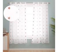 Deconovo Eyelet Faux Linen Net Curtains Embroidery Star Voile Curtains Super Soft Semi Sheer Curtains 55 x 71 Drop Inch Orange 1 Pair