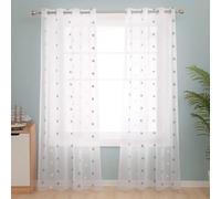 Deconovo Eyelet Faux Linen Net Curtains Embroidery Star Voile Curtains Super Soft Semi Sheer Curtains 55 X 54 Inch Blue 1 Pair