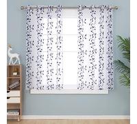 Deconovo Eyelet Faux Navy Blue Net Curtains Embroidery Leaves Voile Curtains Super Soft Semi Sheer Curtains 55 x 54 Drop Inch Navy Blue 1 Pair
