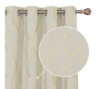 Deconovo Home Decoration Eyelet Room Darkening Curtains, Gold Wave Foil Printed Energy Saving Curtains for Living Room, 66 x 72 Inch (Width x Length), Beige, One Pair