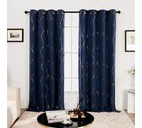 Deconovo Home Decorative Eyelet Blackout Curtains, Gold Wave Foil Printed Energy Saving Thermal Curtains for Living Room Navy Blue W52 x L108 2 Panels