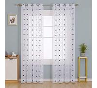 Deconovo Linen Look Embroidered Voile Curtains Star Pattern Sheer Curtains for Bedroom 140 x 245cm Navy Blue Star Two Panels