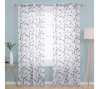 Deconovo Linen Look Sheer Curtains Super Soft Eyelets Net Curtains Plain Embroidered Wheat Ears Floral Voile Curtains for Doors 55 x 71 Inch Navy Blue Two Panels