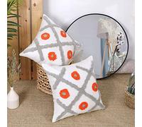 Deconovo Pack 2 Cotton Square Throw Pillowcases Cushion Covers for Livingroom Sofa Bed Embroidered Diamond Pattern with Invisible Zipper 18 x 18 Inch 45x45 cm Grey and Orange