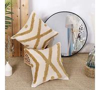 Deconovo Pack of 2 Cotton Cushion Covers for Kids Home 18 x 18 Inch Square Throw Pilllowcases with Embroidered Flufly Cross Pattern with Invisible Zipper 45x45 cm Mustard