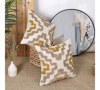 Deconovo Pack of 2 Decorative Cotton Cushion Covers 45cm x 45cm Ladder Pattern Embroidery Square Throw Pillow Protectors for Kids with Invisible Zipper 18x18 Inches Flaxen and Khaki
