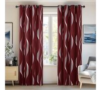 Deconovo Red Curtains Silver Wave Line Foil Printed Blackout Thermal Insulated Eyelet Curtains for Living Room 52 x 72 Inch Red 2 Panels