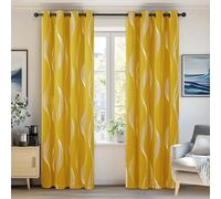 Deconovo Room Darkening Window Treatment Blackout Curtains Eyelet Silver Wave Line Foil Printed Curtains for Bedroom 52x84 Mellow Yellow