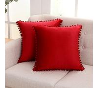 Deconovo Set of 2 Christmas Velvet Cushion Covers with Tassels Solid Colour 60 x 60 cm Red