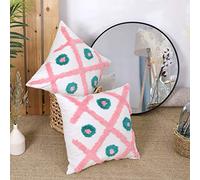 Deconovo Set of 2 Embroidered Diamond Pattern Cotton Throw Pillowcases Cushion Covers for Sofa Bed Livingroom with Invisible Zipper 18 x 18 Inch 45x45 cm Pink and Turquoise