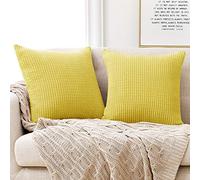 Deconovo Set of 2 Super Soft Large Corduroy Cushion Covers 55cmx55cm 22x22 Inches Grid Throw Pillowcases Square Pillow Casess Cushion Protectors Cushion Covers for Sofa Lemon Yellow 2 Pieces