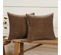 Deconovo Set of 2 Super Soft Solid Throw Pillow Cases, Sqaure Pillowcases Corduroy Large Cushion Covers 60cm x 60cm, 24x24 Inches Grid Cushion Covers for Sofas Seats(Brown, 2 Pieces)