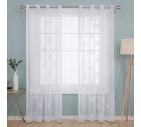Deconovo Super Soft Faux Linen Voile Curtains Dandelions Embroidered Sheer Curtains Eyelets Transparent Net Curtains for Bedroom 55 x 71 Inch White Two Panels