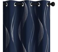 Deconovo Super Soft Wave Line Foil Printed Thermal Insulated Blackout Curtains Window Treatment Eyelet Curtains for Bedroom Navy Blue W52 x L95 2 Panels