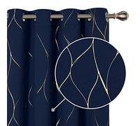 Deconovo Thermal Insulated Blackout Curtains, Gold Wave Foil Printed Eyelet Curtains for Bedroom 46 x 72 Inch (Width x Length), Navy Blue, One Pair
