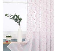 Deconovo Top Ring Diamond Embroidery Net Curtains Semi Transparent Curtains Faux Linen Sheer Curtains for Living Room 55 x72 Drop Inch Pink 2 Panels