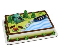 Decopac Fireside Camp Cake Decoration, 3 Piece With Light Up Tent, Food Safe, Multicoloured, Tent: 3"L x 2.6"W x 1.9"H; Canoe with Oar: 3.5"L x 1.65"W x 1.2"H; Campfire: 1.4"D x 1.2"H