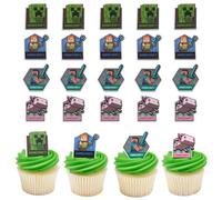 DecoPac Minecraft Lush Finds Rings, Cupcake Decorations Featuring Creeper, Alex, Steve and Axolotl! Multicolored 3D Food Safe Cake Toppers - 24 Pack
