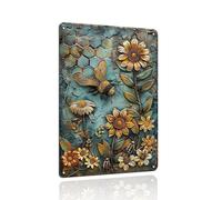 Decopix Bee and Flowers Tin Sign with an illusion of 3D depth - Retro Deco for Plant Lovers - Wall Art for Indoor Outdoor - Gift for Nature Lovers 12"x8"