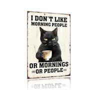 Decopix Vintage Tin Sign "I Don’t Like Morning People" Funny Black Cat Metal Sign for Home Kitchen Bar Patio Room Wall Art Decor - 12x8 Inches - Perfect for Cat Lovers and Coffee Lovers