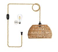 Decor Boho Woven Rattan Pendant Light Linen Hanging Basket with 15ft Hemp Plug-in Cord Dimmable Handwoven Shade Light for Bedroom, Hallway, Farmhouse, Li